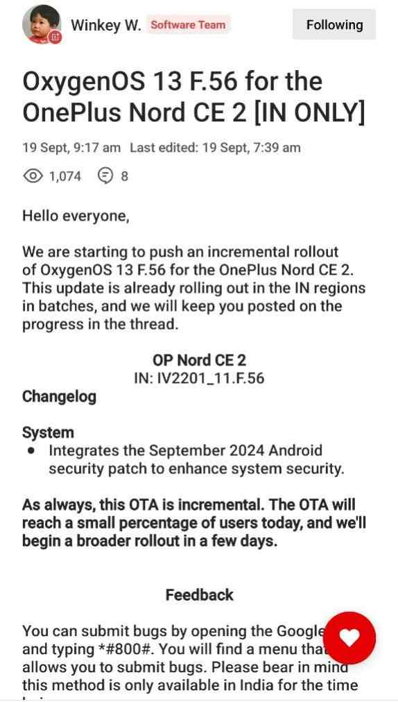 OnePlus Nord CE 2 5G September 2024 android security patch update for Indian users