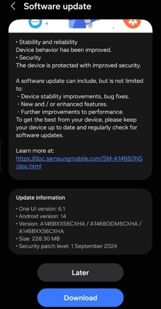 Samsung Galaxy A14 5G September 2024 patch update for Indian Users