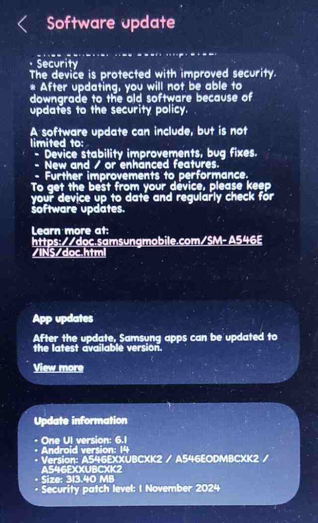 Samsung Galaxy A54 5G November 2024 Security patch Update