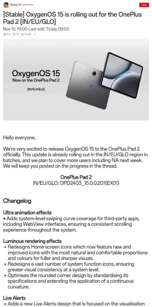 OnePlus Pad 2 OxygenOS 15 Update for Global users