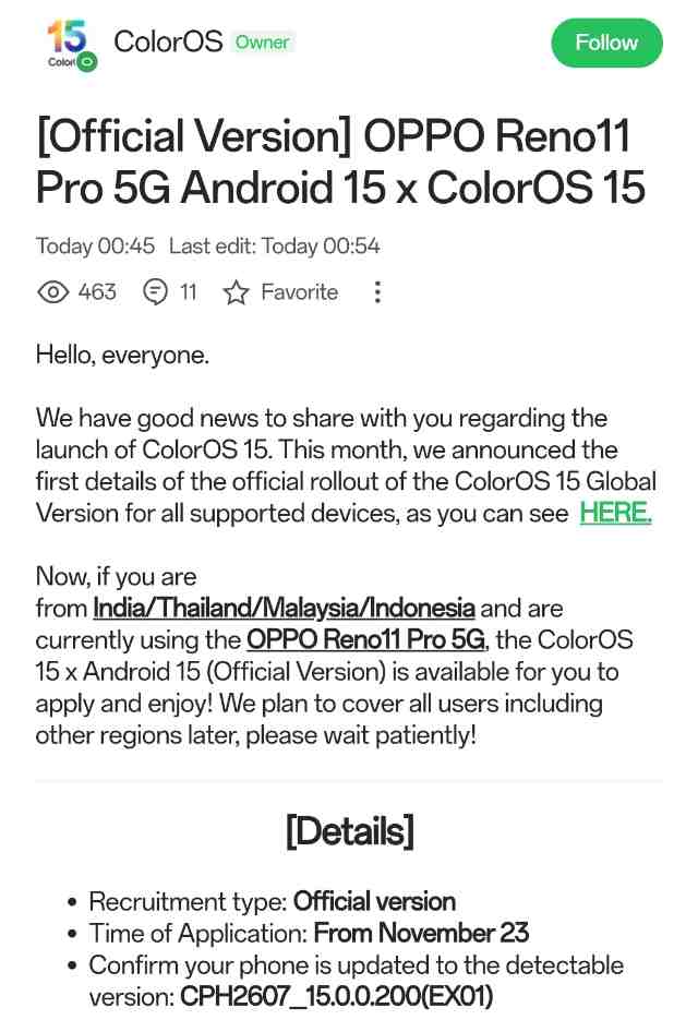 OPPO Reno 11 Pro 5G ColorOS 15 Update for all users